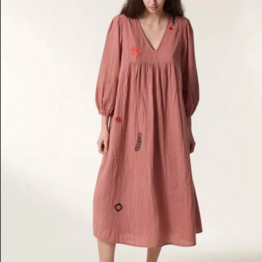 Leon & Harper Robe Romaine Brod Dress Blush Floral Embroidered M
